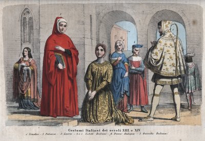 Moda italiana de los siglos XIII y XIV - Cenni di Pepo, llamado Cimabue (1240-1302) - Francesco Petrarca (Petrarca) (1304-1374) - Laura de Noves (1310-1348) - Nobles italianos - Mujer italiana - Doncella italiana - grabado de “Usi e Costumi di Tutti i Popo de Unknown artist