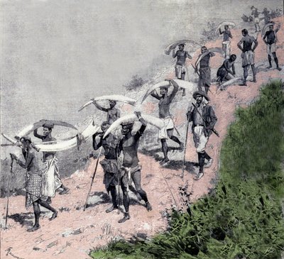 Comercio de marfil: caravana de porteadores congoleños transportando defensas de elefante. Grabado del siglo XIX. de Unknown artist