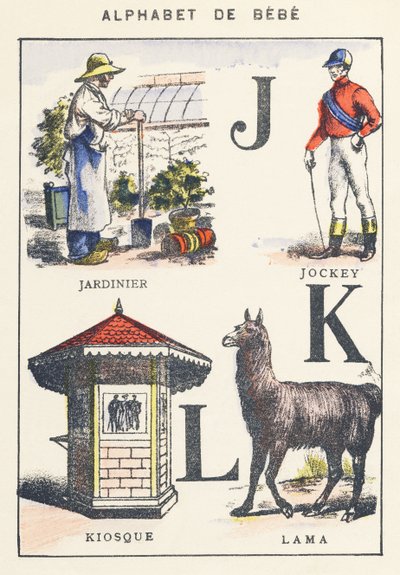 J K L: jardinero, jockey, quiosco, llama de Unknown artist