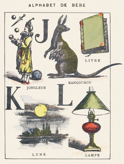 J K L: malabarista, canguro, libro, luna, lámpara de Unknown artist