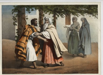 Jacob huyendo de la venganza de su hermano Esaú fue recibido por Labán. Grabado anónimo del siglo XIX. de Unknown artist