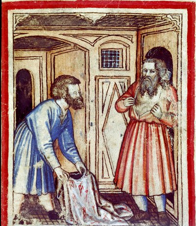 Jacob se entera de la muerte de su hijo José, vendido por sus hermanos a los egipcios. Miniatura del códice 212 (o padovano o Biblia de Padua) 1390-1400 Rovigo, Accademia dei Concordi de Unknown artist