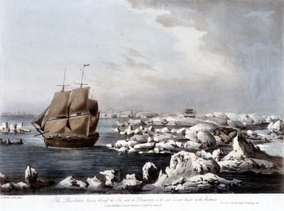 Viajes de James Cook: el barco Resolution en primer plano y el Discovery atrapado en el hielo en el fondo - en "El último viaje del Capitán Cook", vol. III de Unknown artist