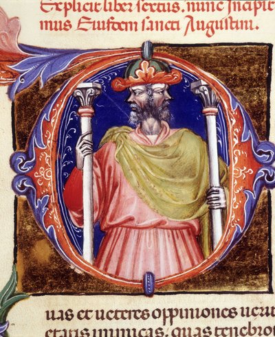 Jano, deidad romana, dos caras opuestas - de un manuscrito de “De civitate dei” de San Agustín, principios del siglo XV. Biblioteca Municipal de Rímini de Unknown artist