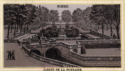 Jardín de la Fontaine en Nimes (Gard, Languedoc-Rosellón). Cromolitografía de finales del siglo XIX de Unknown artist