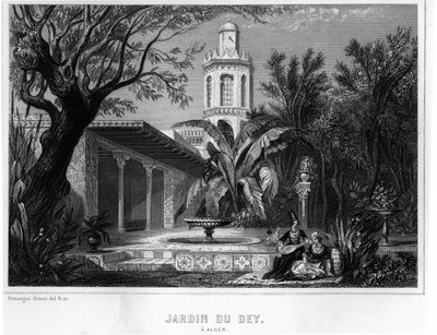 Jardín del dey en Argel, ubicado en el recinto fortificado de la Kasbah (casbah), residencia principal del jefe general del ejército francés en 1830 - En “L