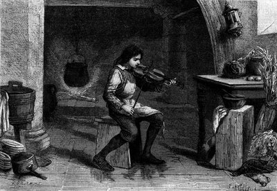 Jean Baptiste Lully (Giovanni Battista Lulli), niño, tocando el violín en la cocina de Mademoiselle de Montpensier. Grabado de Unknown artist