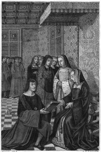 Jean Marot, poeta (1463-1526), ofreciendo un volumen de poesía a la reina Ana de Francia. Grabado del siglo XIX. de Unknown artist