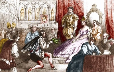 Jean Nicot presentando la planta de tabaco a Catalina de Médicis y al Gran Prior de la Casa de Lorena. Siglo XVI. Grabado del siglo XIX de Unknown artist