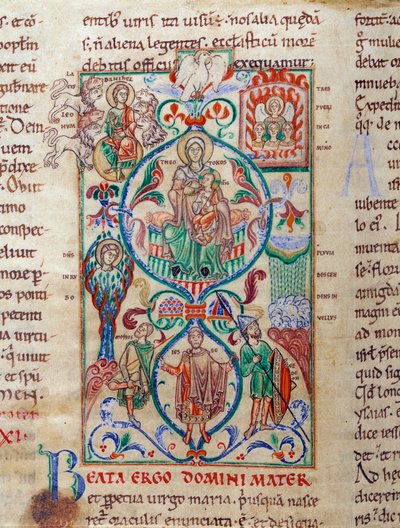 Árbol de Jesé rodea símbolos de virginidad. La Virgen es designada por el nombre bizantino de Theotokos. Miniatura tomada del "Leccionario de Citeaux" siglo XII. Dijon, Biblioteca Municipal de Unknown artist