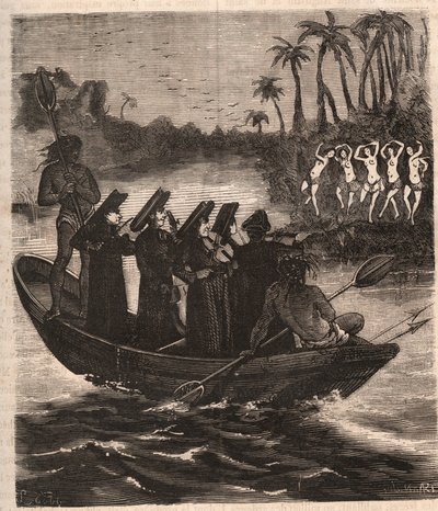 Misioneros jesuitas llegan en barco entre los indios guaraníes en Paraguay en 1553 - Grabado de 1879 en “Historia de Sociedades Secretas, Políticas y Religiosas” de Pierre Zaccone (1817-1895) de Unknown artist