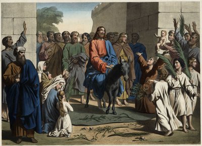 La entrada triunfal de Jesús en la ciudad santa de Jerusalén. Grabado anónimo de mediados del siglo XIX. de Unknown artist