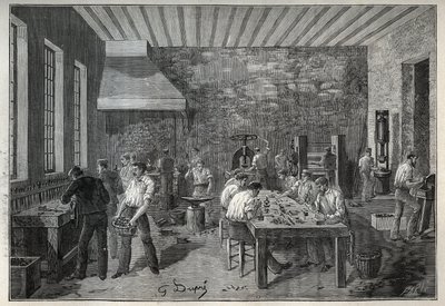Joyería: fábrica de joyas de acero. Grabado de 1885 en “Les arts et métiers illustrés” de Adolphe Bitard. de Unknown artist