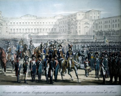 Joachim Murat (1767-1815), nombrado Mariscal de Francia y Rey de Nápoles por Napoleón, revisa las tropas de la República Cisalpina de Unknown artist