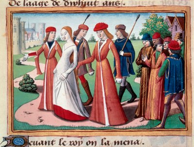 Juana de Arco (1412-1431) llevada cerca de Carlos VII por la Corte del Delfín en Chinon. Miniatura del manuscrito de “Vigilles du roi Charles VII” por Martial d