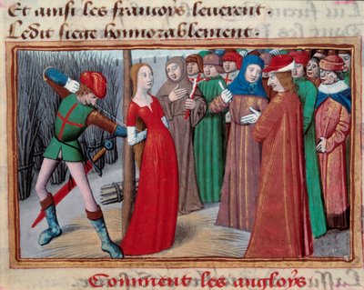 Juana de Arco (1412-1431), instalada en el carnicero. Miniatura del manuscrito de "Vigiles du roi Charles VII" de Martial d
