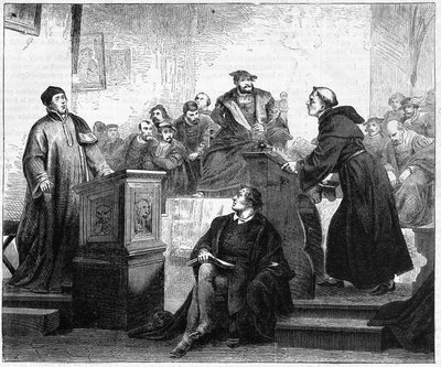 Johann Maier conocido como Johann Eck (1486-1543), teólogo católico alemán y Martín Lutero (1483-1546), teólogo protestante alemán y reformador en Pleissenburg en 1519 de Unknown artist