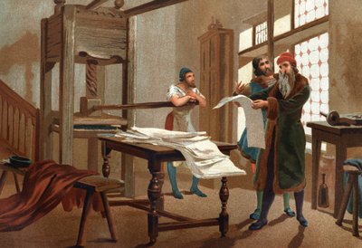 Johannes Gutenberg (1400-1468), impresor alemán, imprimiendo la primera hoja de la Biblia (Hombres y Mujeres Célebres) de Unknown artist