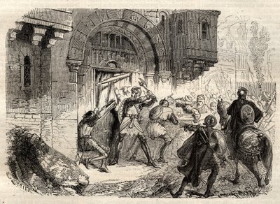 Juan II Comneno, emperador bizantino - El emperador Juan II Comneno (1087-1143) a la cabeza de los griegos conduciendo la puerta de su Palacio en Constantinopla - grabado en "Diccionario popular ilustrado" - 1864 - por Joseph Decembre y Edmond Allonier - de Unknown artist