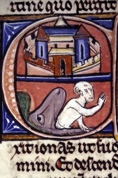 Jonás, después de tres días y tres noches en el vientre de un gran pez, es vomitado por el animal. Manuscrito del siglo XIV. Biblioteca Nacional Braidense, Milán. de Unknown artist