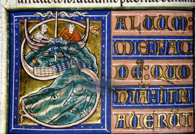 Jonás es arrojado al mar y devorado por un gran pez. Manuscrito del siglo XIV. Biblioteca Municipal de Vercelli de Unknown artist