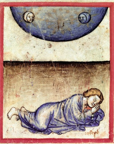 José soñó que el sol, la luna y once estrellas se postraban ante él. Miniatura del códice 212 (o códice padovano o Biblia de Padua) 1390-1400. Rovigo, Accademia dei Concordi de Unknown artist