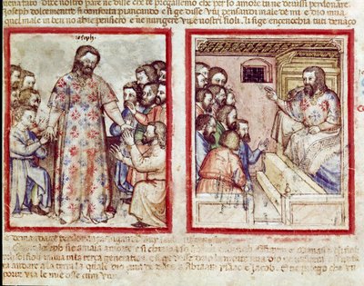 José gravemente enfermo a los 110 años perdona a sus hermanos que se postran ante él. Miniatura del códice 212 (o códice padovano o Biblia de Padua) 1390-1400 Rovigo, Accademia dei Concordi de Unknown artist