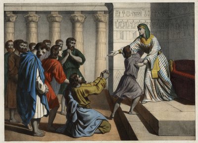 José el Patriarca, nombrado Visir de Egipto, es reconocido por sus hermanos que le hicieron creer en su muerte y piden perdón. Grabado anónimo del siglo XIX. de Unknown artist