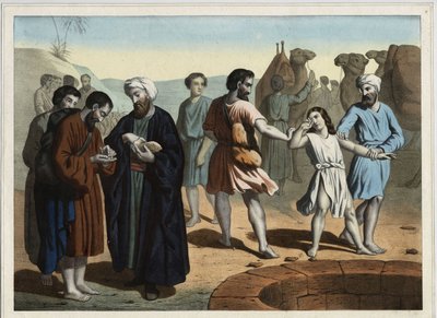José el Patriarca, vendido por sus diez hermanos celosos que quieren hacerlo desaparecer. Grabado anónimo del siglo XIX de Unknown artist