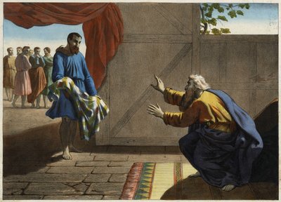 La túnica ensangrentada de José presentada a Jacob. Los hermanos celosos de José que desistieron de matarlo hacen creer a su padre Jacob en su muerte presentando la túnica de José cubierta con sangre de oveja. Grabado anónimo de mediados del siglo XIX. de Unknown artist