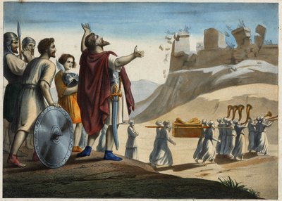Josué ante la ciudad de Jericó (la primera ciudad tomada por Josué y los judíos durante la conquista de la Tierra Prometida). Las murallas se derrumban al sonido de las trompetas. Grabado anónimo del siglo XIX de Unknown artist