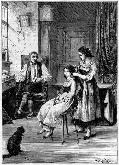 Josué Heilmann (1796-1848), inventor francés, observa a sus hijas peinarse. Se inspiró en esta escena para crear el peinador mecánico en 1843. Grabado en “La Nature: revue des sciences et de ses applications aux arts et a l