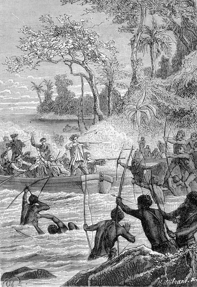 Viaje de Carteret en las Islas de Santa Cruz, no a la isla de Nendo: Ataque de los nativos con flechas - ilustración tomada de “Los Grandes Marineros del siglo XVIII” de Unknown artist