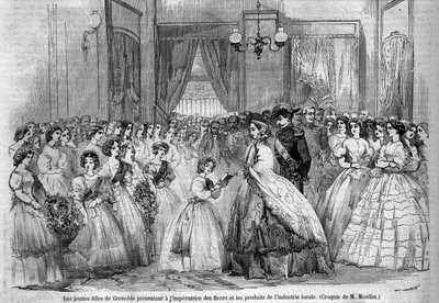 Viaje del Emperador Napoleón III (1808-1873) y su esposa Eugenia de Montijo (1826-1920) al Duque de Saboya tras la anexión del Condado de Saboya (Tratado de Turín de marzo): aquí la pareja imperial visitando Grenoble se encuentra con jóvenes que vinieron a de Unknown artist
