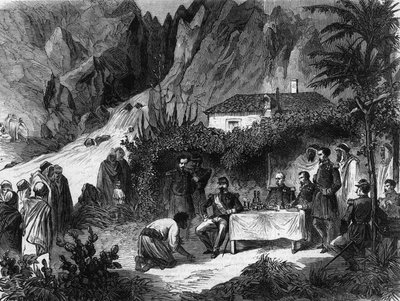 Viaje de Napoleón III, Emperador de los Franceses, a Argelia. Septiembre de 1860. Napoleón III almuerza en la cala de los monos recibe a Barka. Grabado de 1865. de Unknown artist
