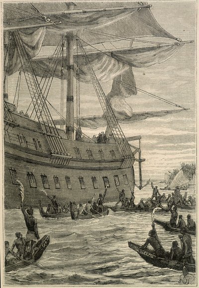 Viaje de Samuel Wallis (1728-1795) a Polinesia: indígenas sosteniendo ramas de plátano en la mano como saludo de bienvenida - ilustración de "The Great Mariners of the 18th century" de Unknown artist