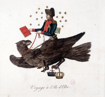 Viaje a la Isla de Elba: Napoleón montando un águila, sosteniendo los libros de conscripción militar y levantamiento masivo de soldados - en "Napoleón 1º, caricaturas, colección ficticia", c. 1814 de Unknown artist
