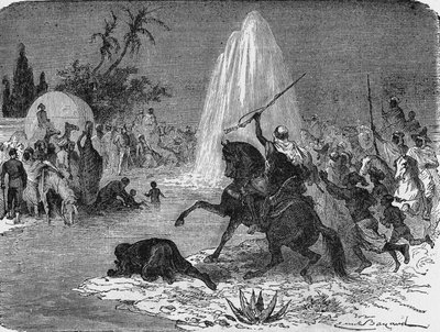Alegría de los árabes al ver el flujo de agua del pozo artesiano de Sidi-Rached, forjado por los franceses, en el desierto del Sahara. En “Álbum de la Ciencia”, Ediciones Jouvet de Unknown artist