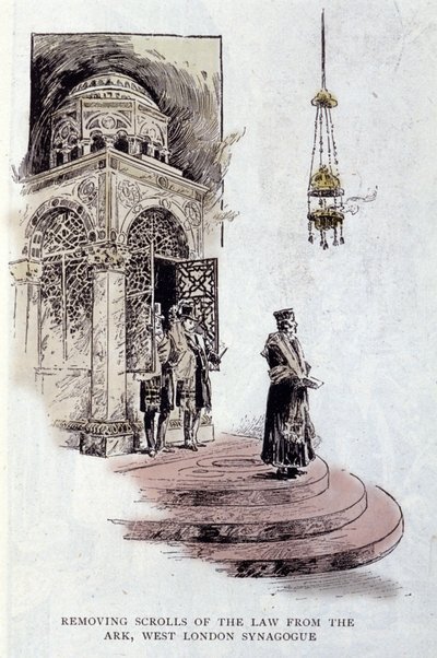 Judaísmo: rollos de la Torá usualmente colocados en el Arca Sagrada son usados en una ceremonia. El rabino lleva el Talit o Tzitzit. Sinagoga de West London de Unknown artist