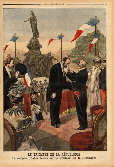 Jules Dalou (1838-1902) escultor, condecorado con la legión de honor por el Presidente de la República Emile Loubet (1838-1929), con motivo de la inauguración de la estatua "El triunfo de la república" en la Place de la Nation en París. Grabado en de Unknown artist