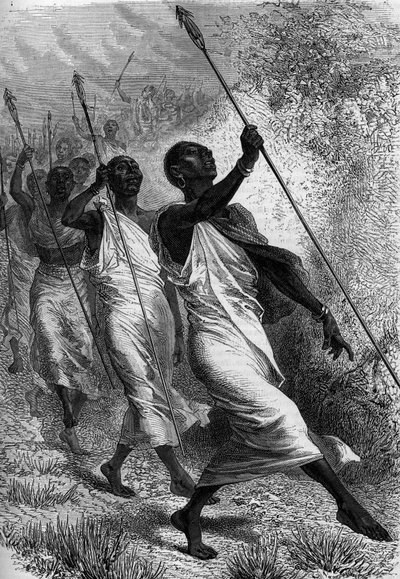 Kabba Righe (Kabba-Righe), Rey de Ounyoro (en África), y su séquito. Grabado en “Le Journal de la jeunesse”. de Unknown artist