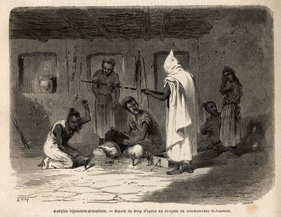 Artesanos kabyle reputados por su habilidad en la fabricación de joyas y armas (y anteriormente en moneda falsa) en la región de Djura (Argelia). Grabado para ilustrar la excursión a la gran Kabilia, entre el Mediterráneo y el Djurjura, en 1864, por el de Unknown artist