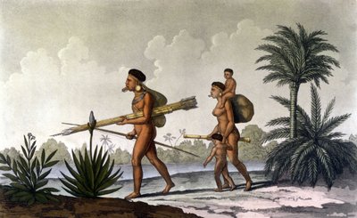 Kerengnatnuck, jefe de los Botocudos, y su familia (Brasil) - en "El traje antiguo y moderno" por Ferrario, ed. Milán de Unknown artist