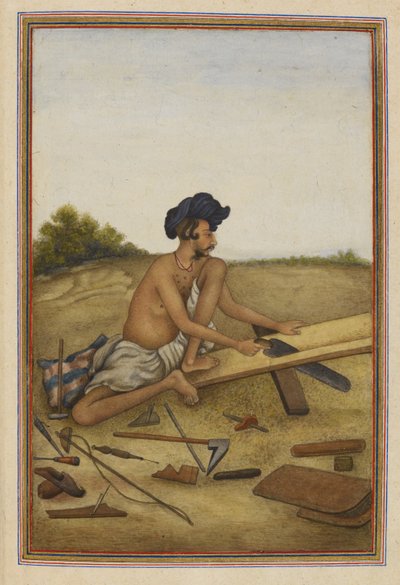 Khati o Tarkhan, casta de carpinteros del Panjab. Hombre serrando un tablón. de Unknown artist