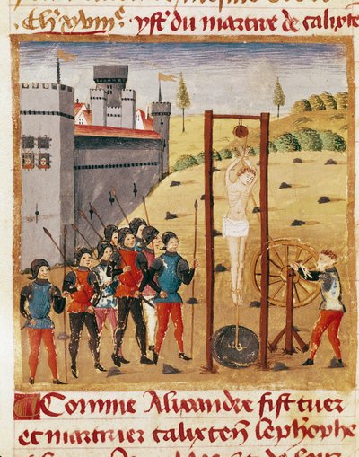 El rey Alejandro Magno (356-323 a.C.) asiste a la ejecución del noble Calixten Cephobe por ahorcamiento (detalle) de Unknown artist