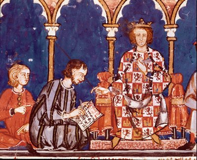 El rey Alfonso X el Sabio asiste a un escriba. (detalle) Miniatura del Libro de juegos de Alfonso X el Sabio (1221-1284) “El libro de ajedrez, dados y tablas”. 1282. San Lorenzo de El Escorial. Biblioteca Real de Unknown artist