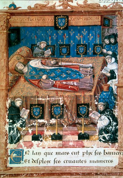 El rey Carlos VIII (1470-1498) en su lecho de muerte 8/04/1498. Miniatura tomada de una traducción de “L