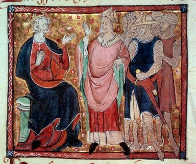 El rey Enrique II de Inglaterra (1133-1189) recibiendo a un obispo y soldados. Miniatura de un manuscrito del siglo XV de Unknown artist