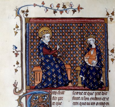 El rey Luis IX (1214-1270) enseña al maestro del rey a su hijo, futuro Felipe III Miniatura de un manuscrito del siglo XIV. Chantilly, Museo Condé de Unknown artist