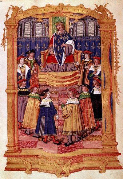El rey Luis XI (1423-1483) y los Caballeros de la Orden de San Miguel. Miniatura del manuscrito 